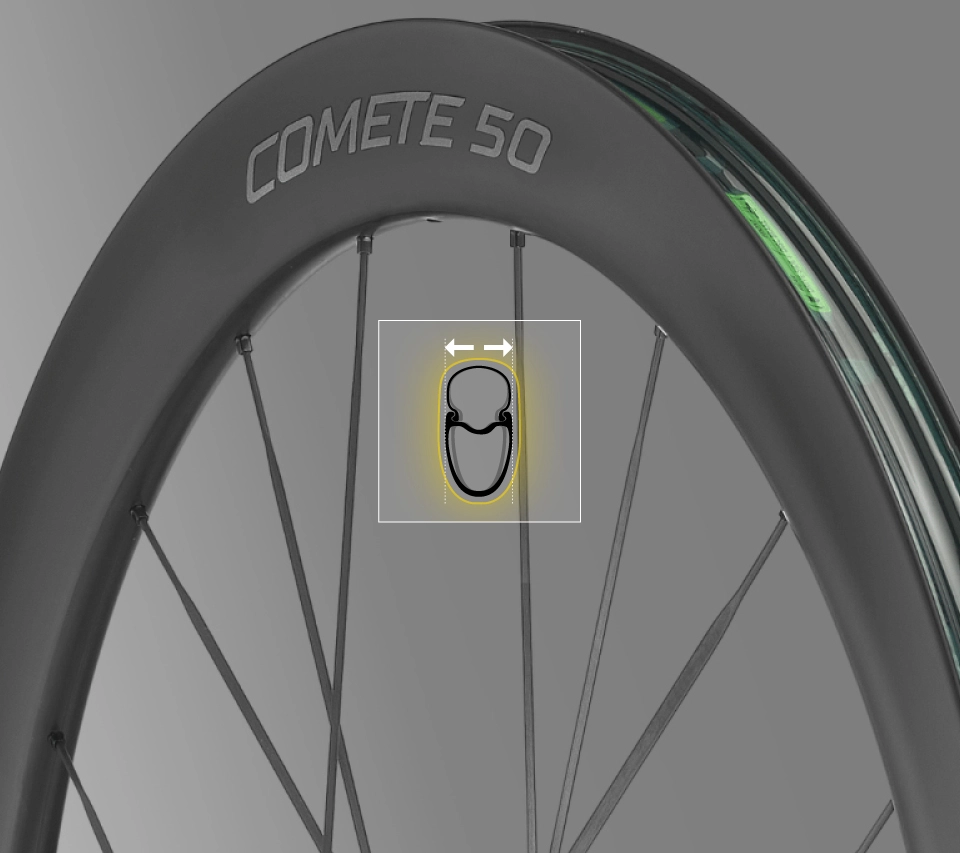 Mavic aero wide rim profile on the Comete 50 carbon road wheel